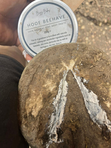 Horse hoof with a 'Hoe Behave' product label applied to it.